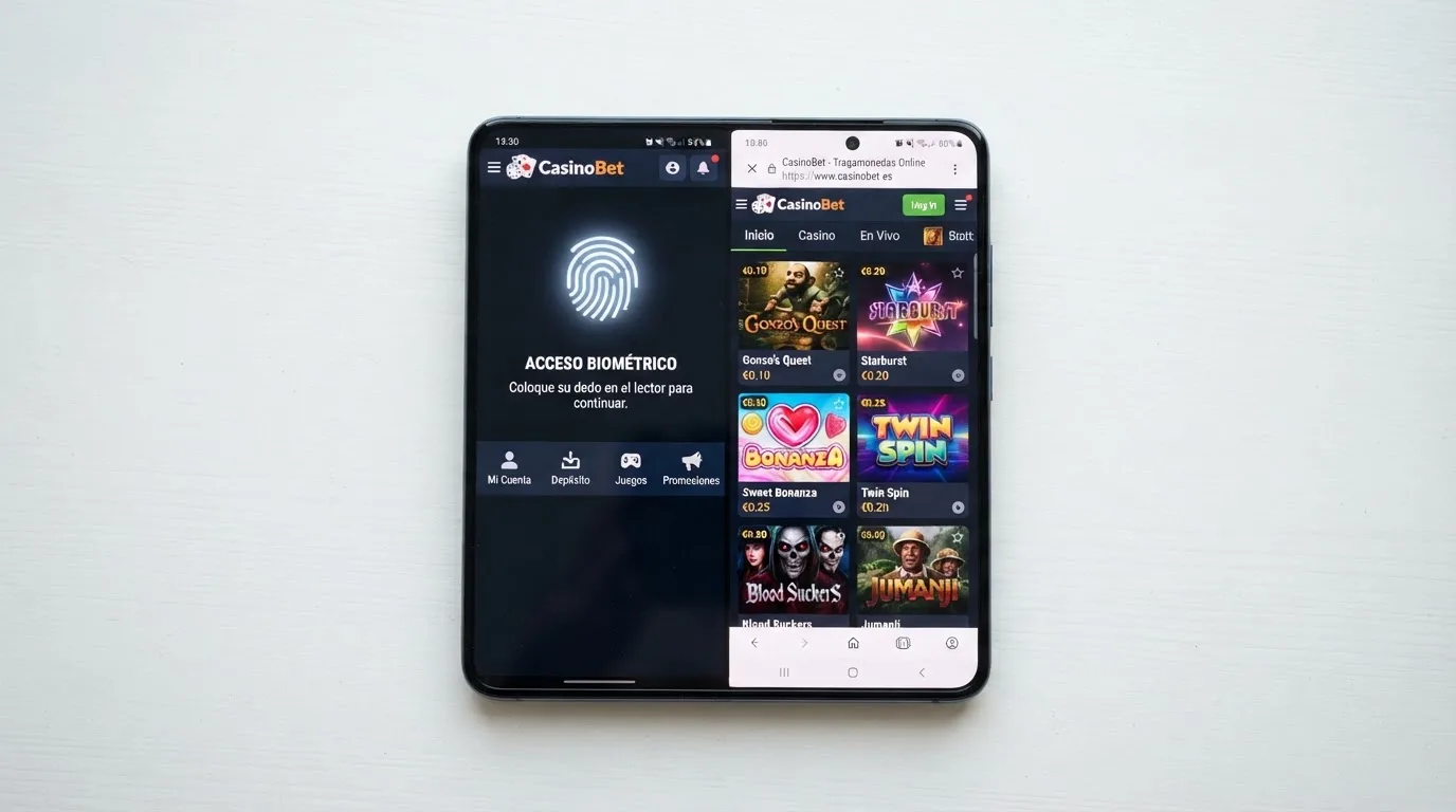 Pantalla partida de un teléfono: a la izquierda una app de casino nativa con acceso por huella, a la derecha el mismo casino en el navegador Chrome