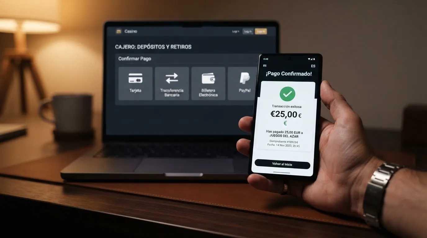 Un teléfono móvil mostrando la app de Bizum junto a la pantalla de cajero de un casino online, con los iconos de otros métodos de pago (tarjeta, PayPal, transferencia) en segundo plano