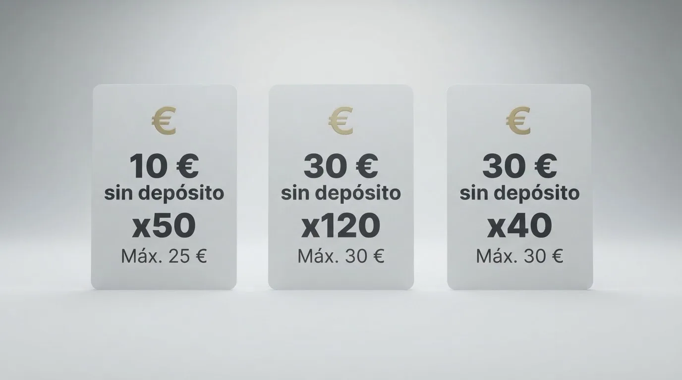 Comparativa visual de tres ofertas de bono sin depósito con sus importes, requisitos de apuesta y ganancia máxima retirable señalados.