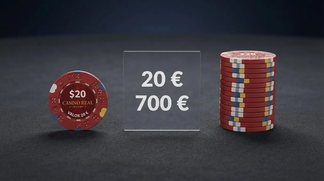 Representación visual del cálculo de un rollover: fichas de casino organizadas en grupos que muestran el volumen total de apuestas requerido frente al importe del bono