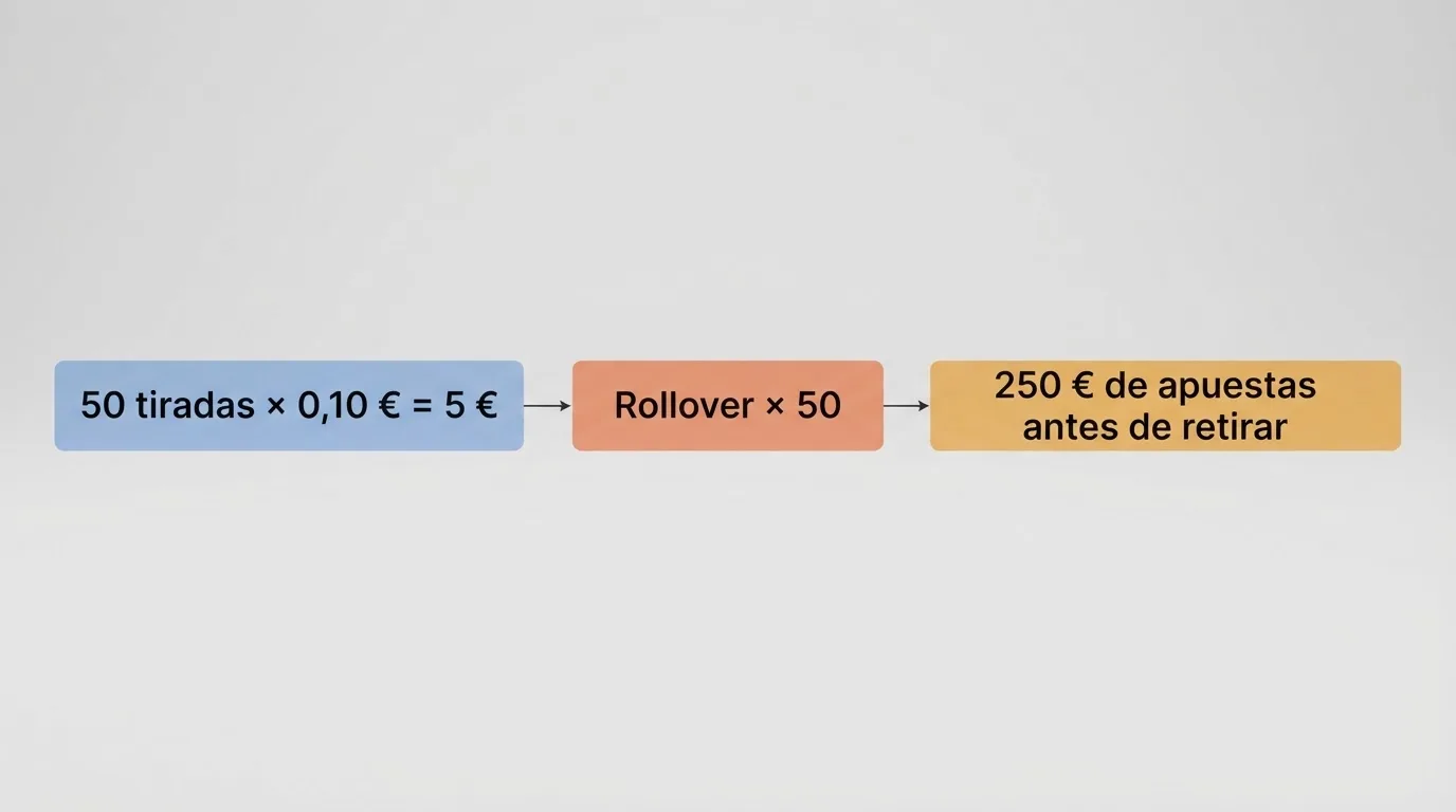 Infografía que desglosa el cálculo del requisito de apuesta: 50 tiradas × 0,10 € = 5 €, con rollover x50 obliga a apostar 250 € antes de retirar