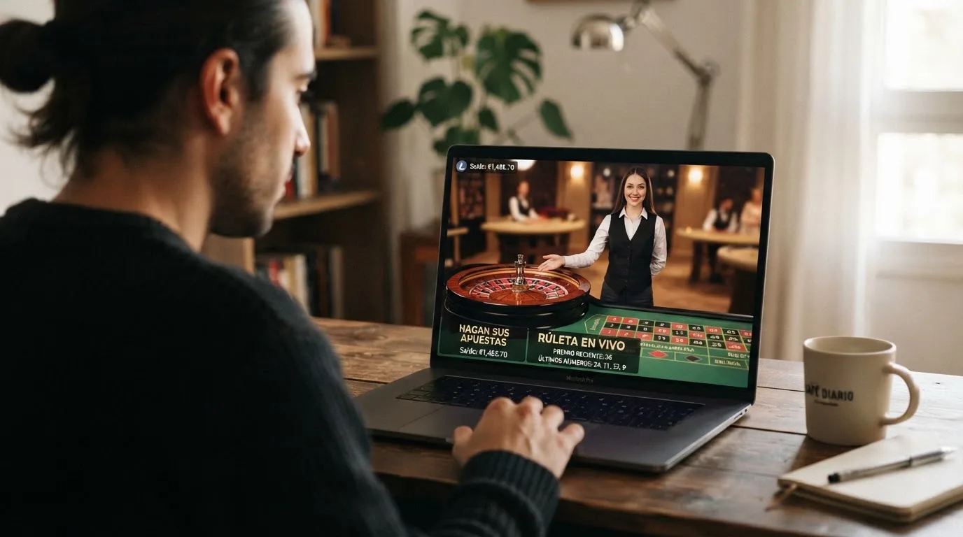 Mesa de ruleta en vivo con un crupier saludando y una interfaz que muestra saldo disponible en Litecoin