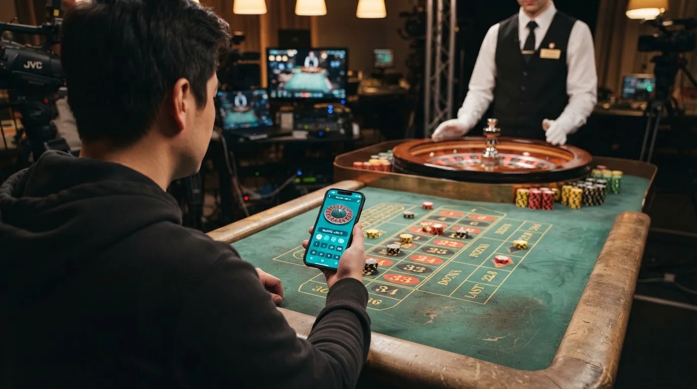 Una mesa de ruleta en vivo con un crupier real y una interfaz de aposta que muestra saldo en USDT