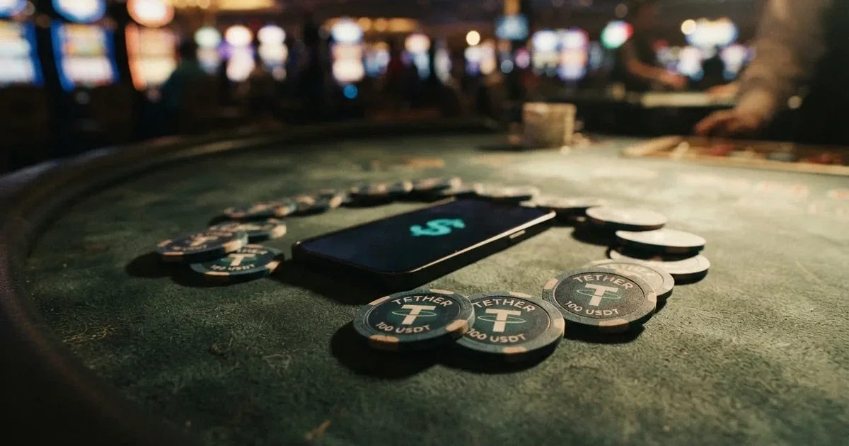 Monedas de Tether USDT sobre el tablero de un casino virtual, con fichas de póker y una pantalla de depósito en cripto