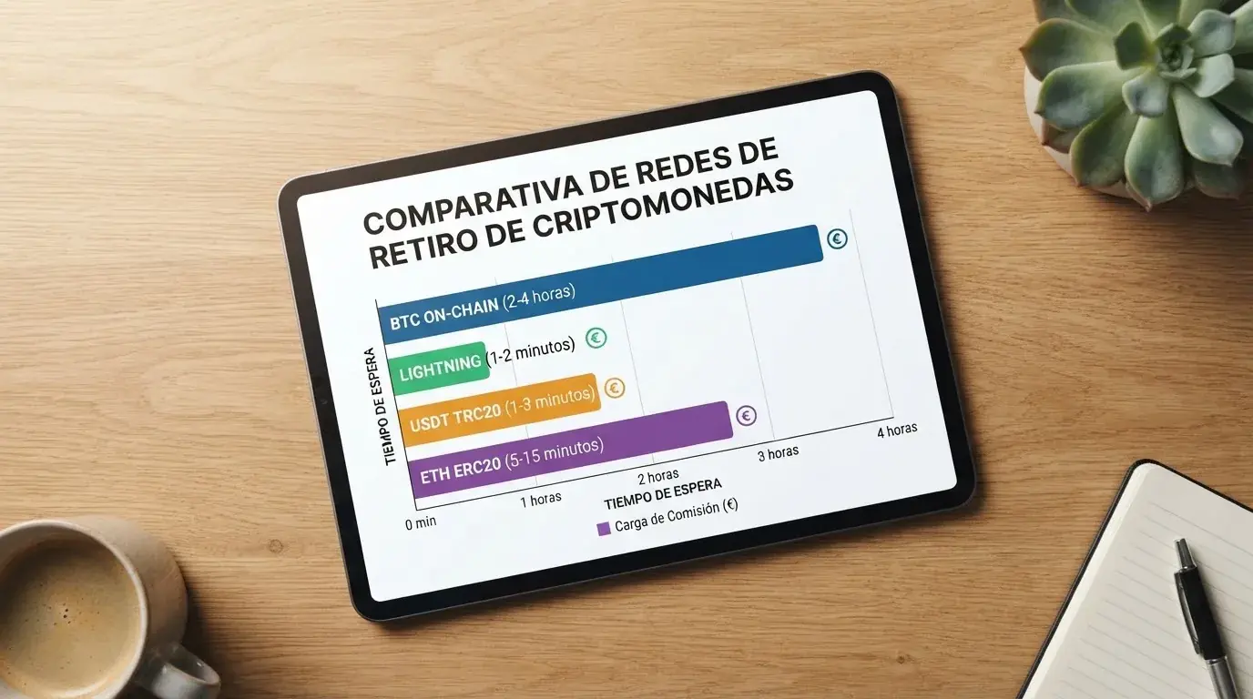 Gráfico comparativo con tiempos y comisiones de retirada por red: Bitcoin on-chain, Lightning, USDT TRC20 y Ethereum ERC20