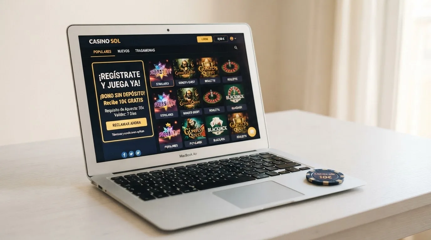 Interfaz de un casino online español con el desglose de una promoción de bono sin depósito y sus términos de uso
