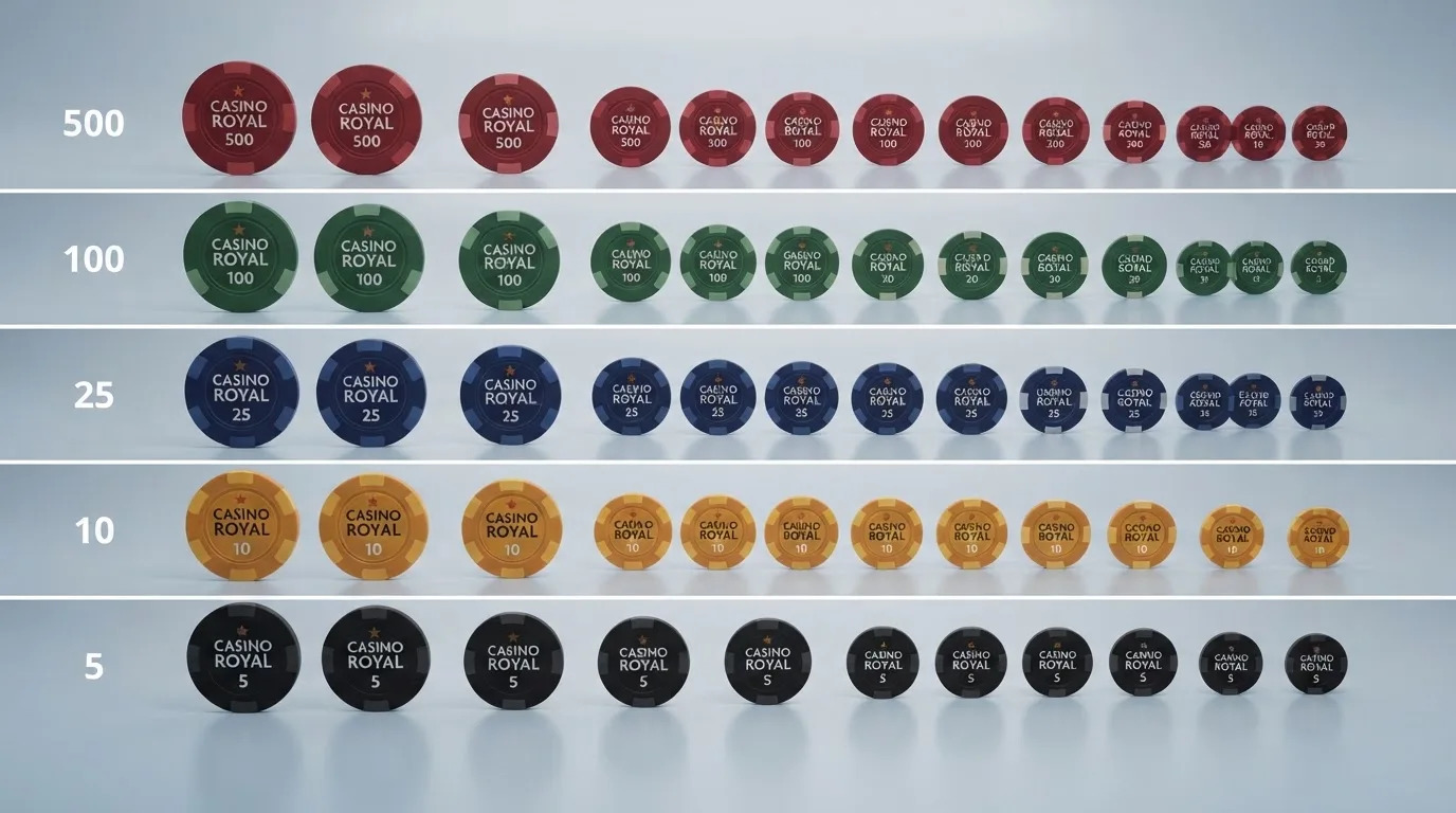 Una tabla con fichas de casino de distintos colores alineadas por valor, representando la comparativa de operadores