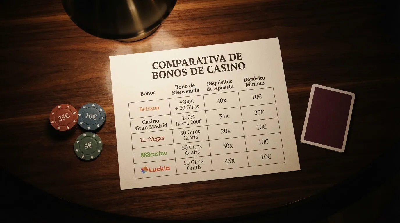 Tabla comparativa con los logotipos de los casinos del ranking y sus condiciones principales de bono de bienvenida.
