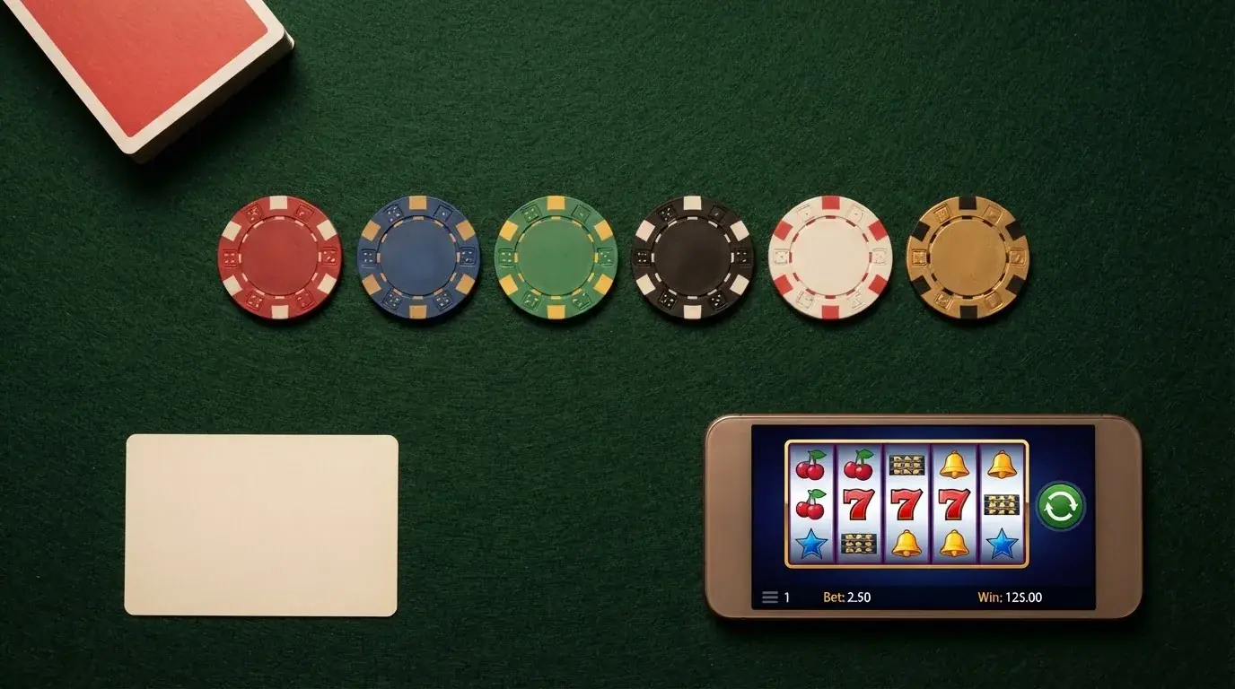 Varias fichas de casino alineadas sobre una mesa de juego, cada una con el logotipo de un operador distinto, en primer plano una pantalla con una tabla comparativa