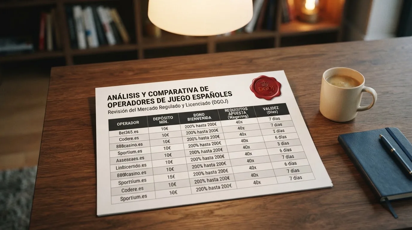 Una tabla comparativa con las columnas de operador, depósito mínimo, bono, requisito y plazo, dispuesta sobre un fondo que sugiere el entorno regulado español.