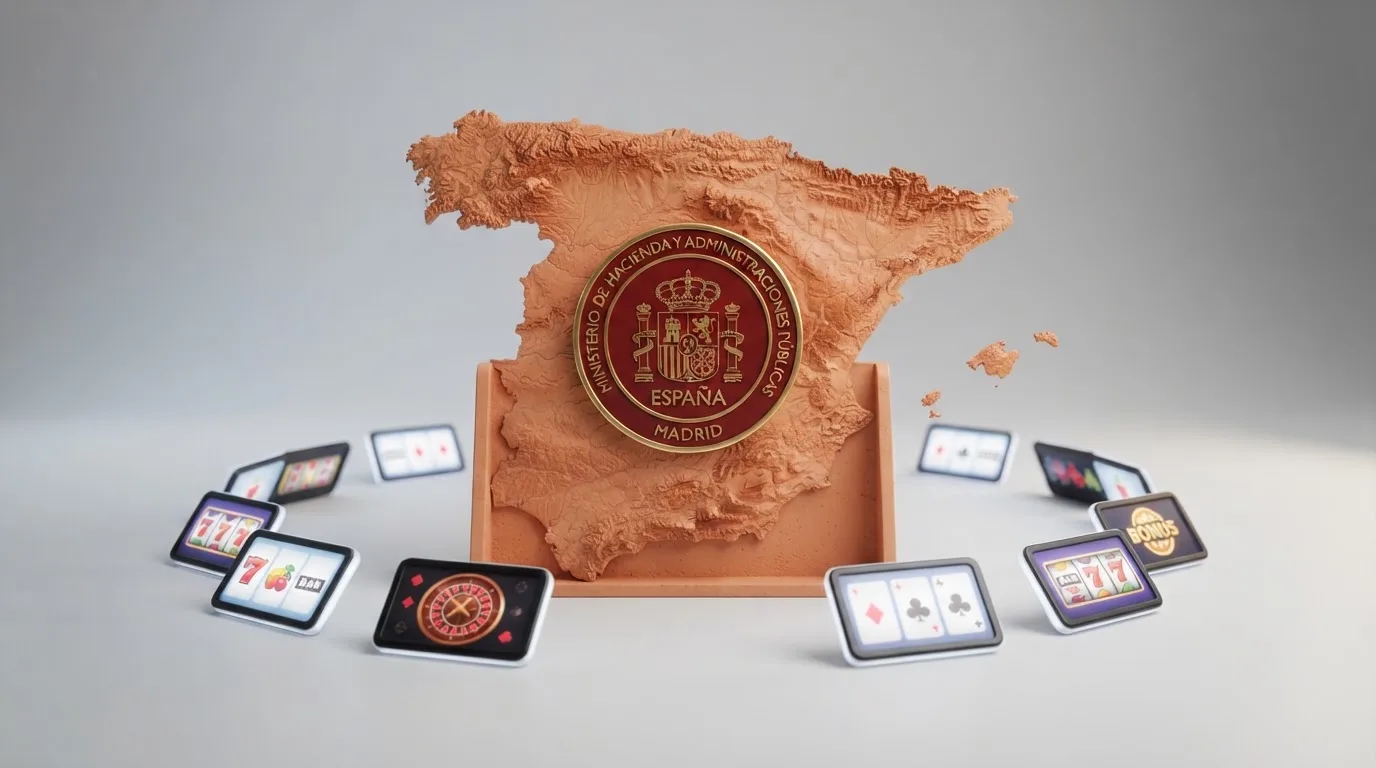 Collage visual con los logotipos o interfaces de los principales casinos con licencia DGOJ sobre un mapa de España, con el sello oficial de la DGOJ en primer plano