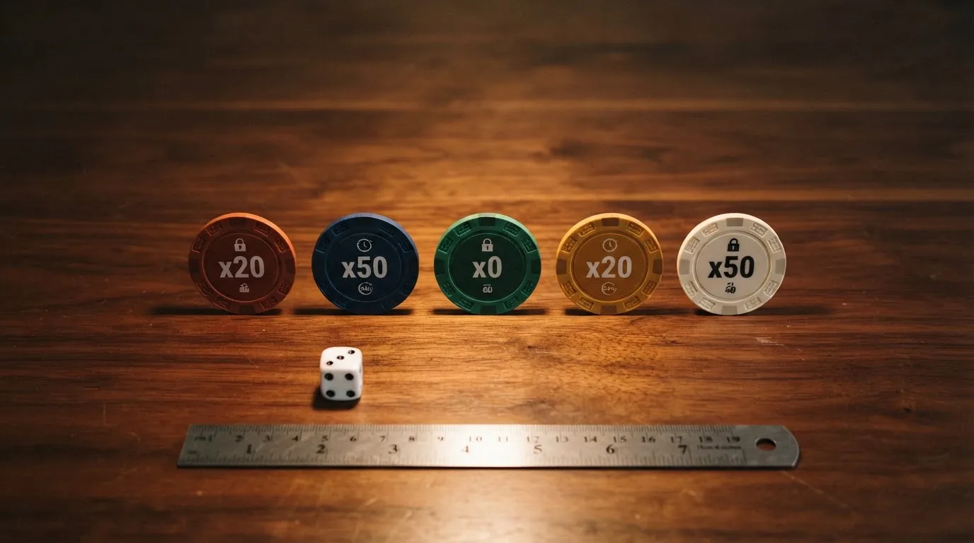 Varias fichas de casino alineadas en columnas, cada una con un color distinto, mostrando cifras de tiradas, un porcentaje de rollover y un icono de candado o de reloj