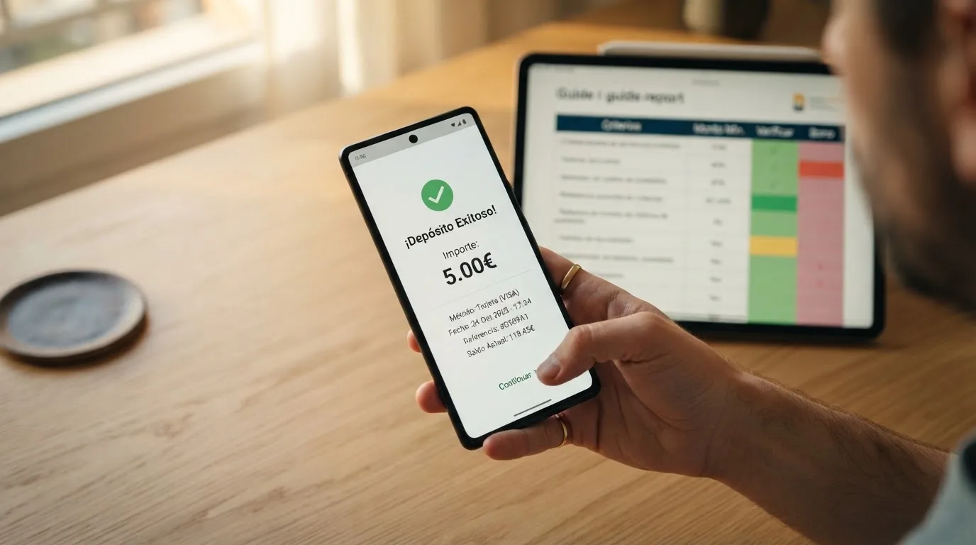 Un primer plano de unas manos sosteniendo un móvil con la pantalla de depósito completada por 5 euros y, al fondo, la tabla comparativa de la guía en una tableta.