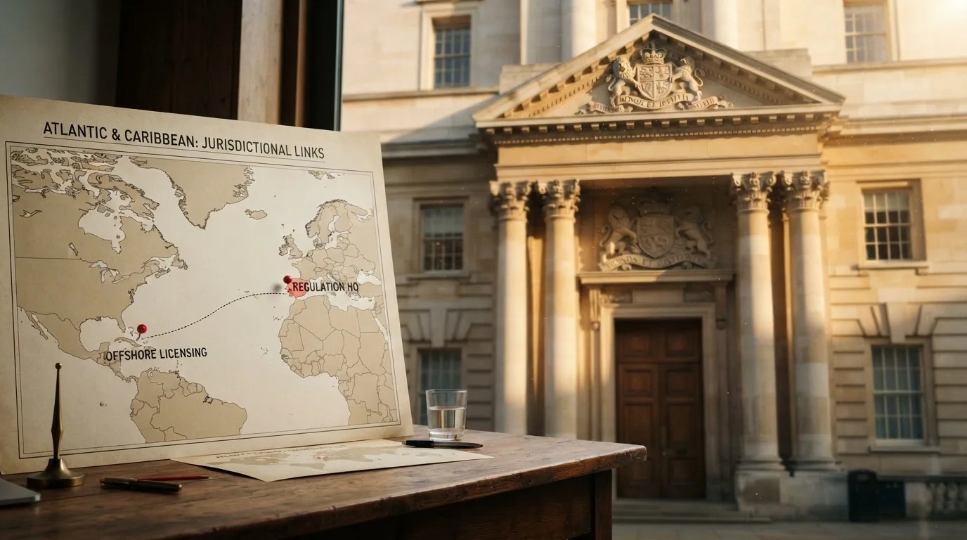 El edifcio de la DGOJ en Madrid junto a un mapa de jurisdiciones offshore (Curaçao, Anjuan)