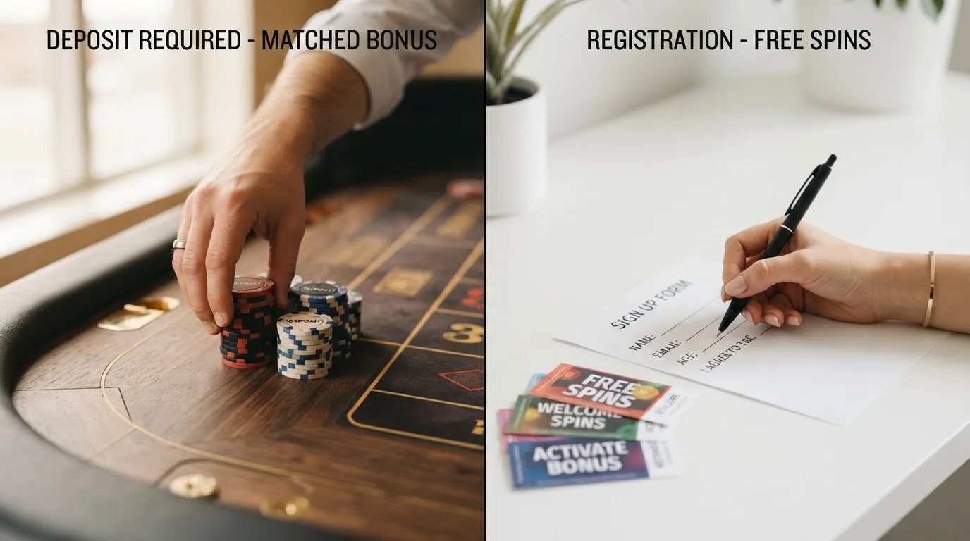 Dos caminos visuales: a la izquierda un jugador deposita billetes antes de recibir un bono, a la derecha otro solo completa un formulario de registro y recibe giros gratis