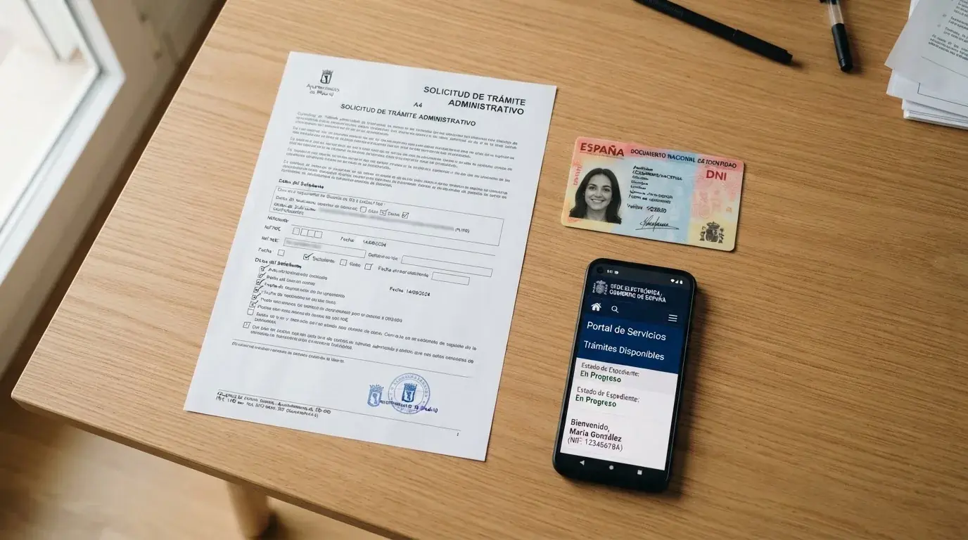 Primer plano de un formulario oficial del RGIAJ sobre una mesa junto a un DNI español y un teléfono móvil mostrando la sede electrónica de la DGOJ