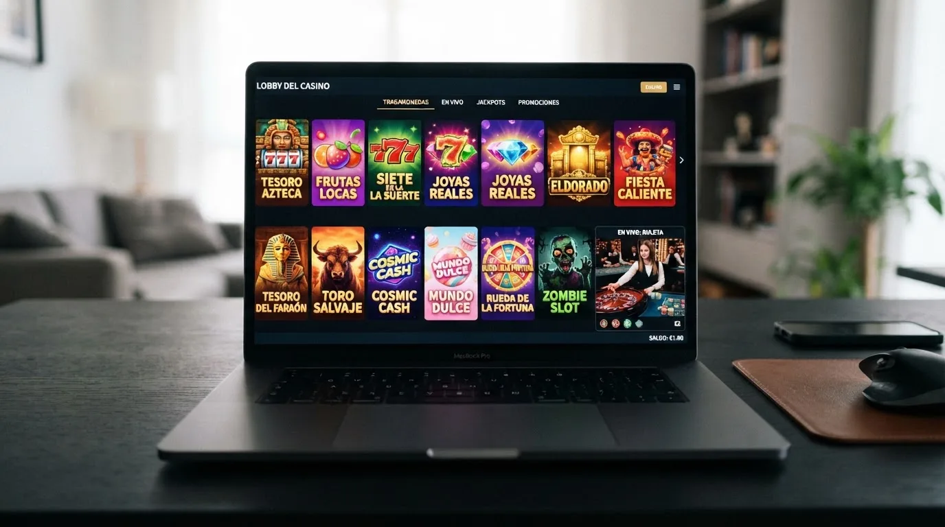 Interfaz de un casino online con miniaturas de tragaperras, una mesa de ruleta en vivo y un contador de saldo bajo en la esquina
