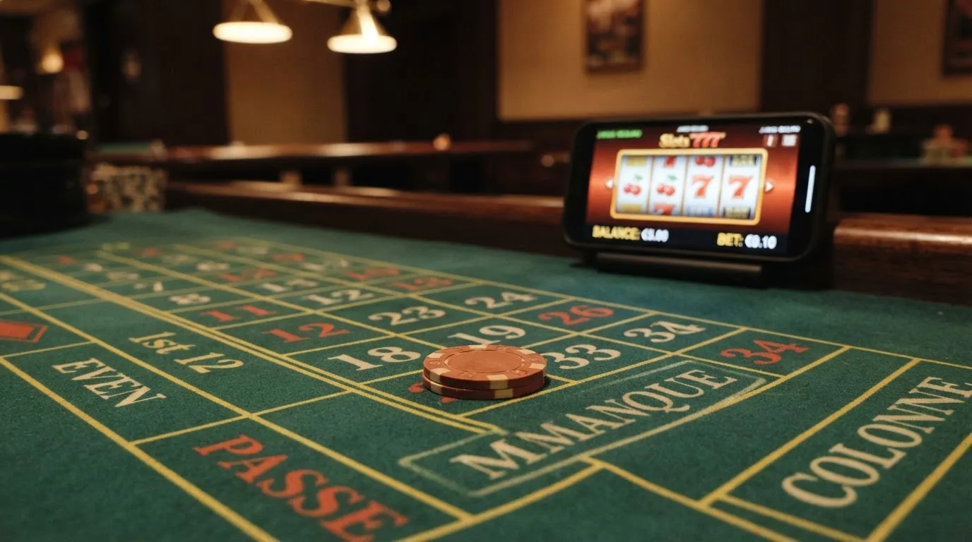 Una ruleta Penny con ficha de 0,01€ sobre el tapete junto a la pantalla de una tragaperras mostrando un saldo de 5€ y una apuesta de 0,10€.
