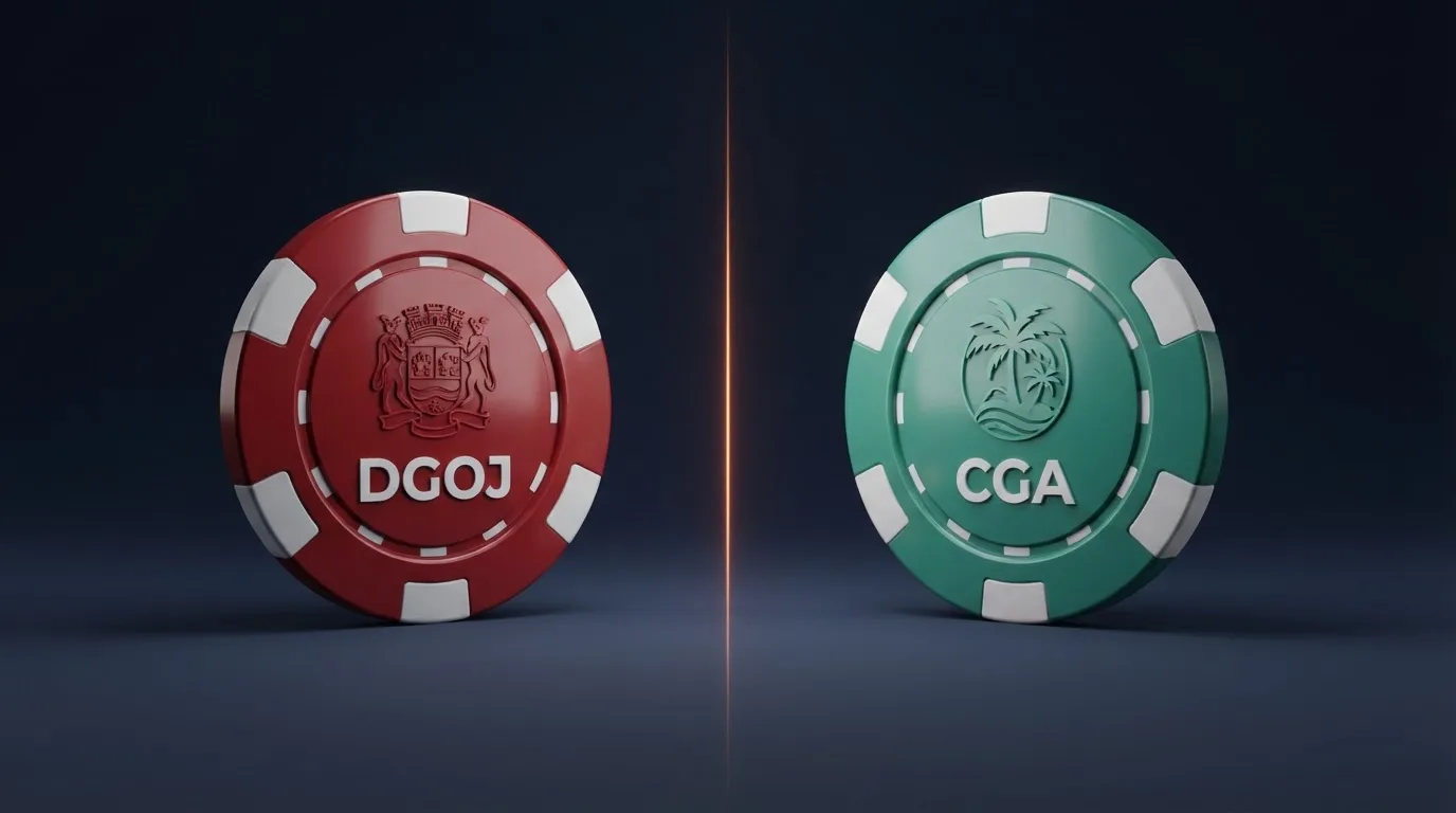 Dos fichas de casino enfrentadas: una con el escudo de España y el sello DGOJ, otra con la bandera de Curaçao y el sello CGA, separadas por una línea que representa la frontera regulatoria