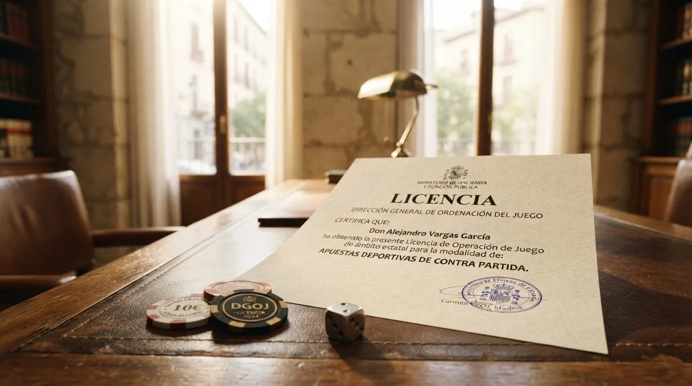 El edificio de la Dirección General de Ordenación del Juego con el sello oficial y un documento de licencia singular sobre la mesa