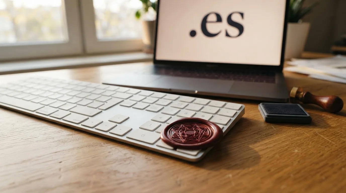 Un sello oficial con el escudo de España y el dominio .es visible sobre un teclado, simbolizando la verificación de licencia