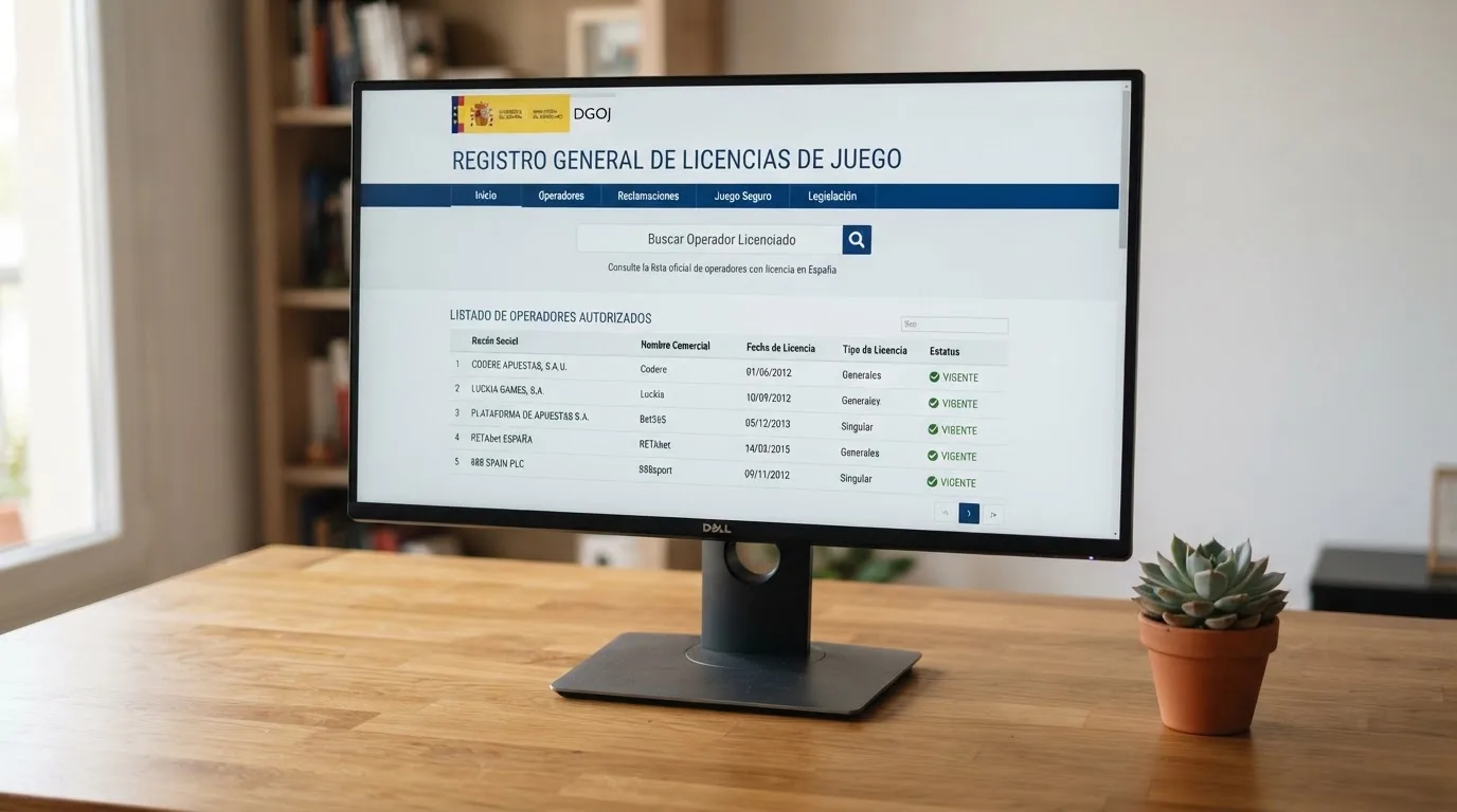 La pantalla de ordenador mostrando el sitio ordenacionjuego.es con el registro público de operadores y el sello de la DGOJ visible