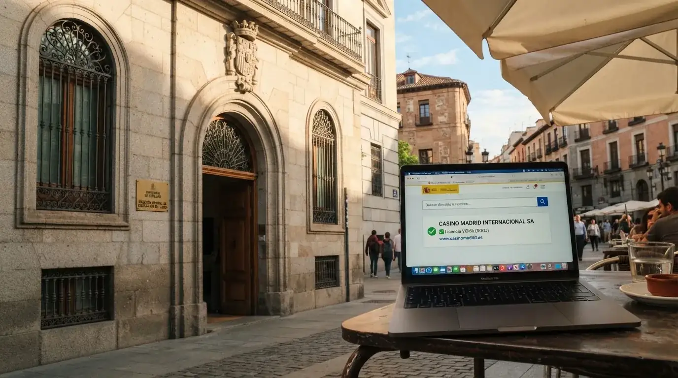 La fachada de la sede de la DGOJ en Madrid junto a una pantalla que muestra el buscador oficial de operadores con el resultado de una consulta.