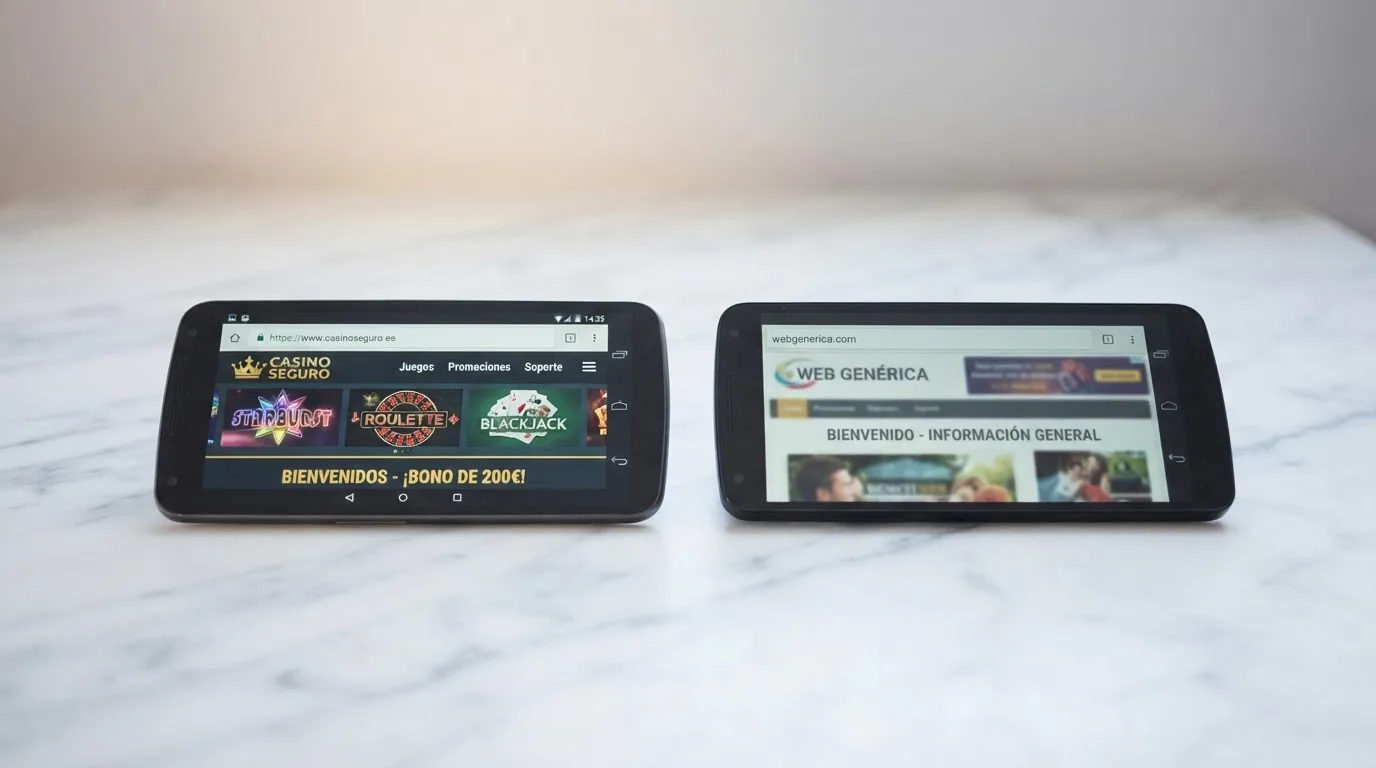 Dos pantallas de móvil contrapuestas: una muestra el sitio web de un casino con dominio .es, candado de seguridad y sello DGOJ; la otra muestra una web genérica sin identificadores legales visibles