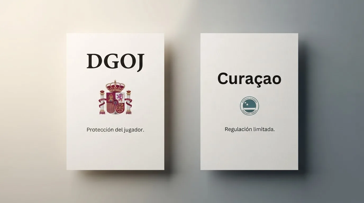 Documento oficial con sellos regulatorios enfrentados: licencia DGOJ española frente a licencia offshore de Curaçao
