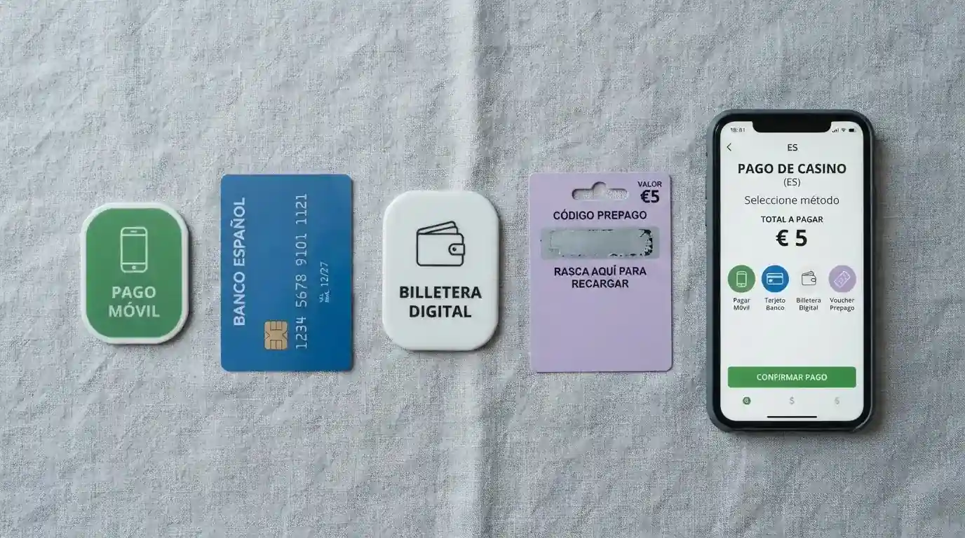 Comparativa visual de los logotipos de Bizum, VISA, PayPal y Paysafecard sobre un fondo de interfaz de pago de casino, con un importe de 5 € en pantalla