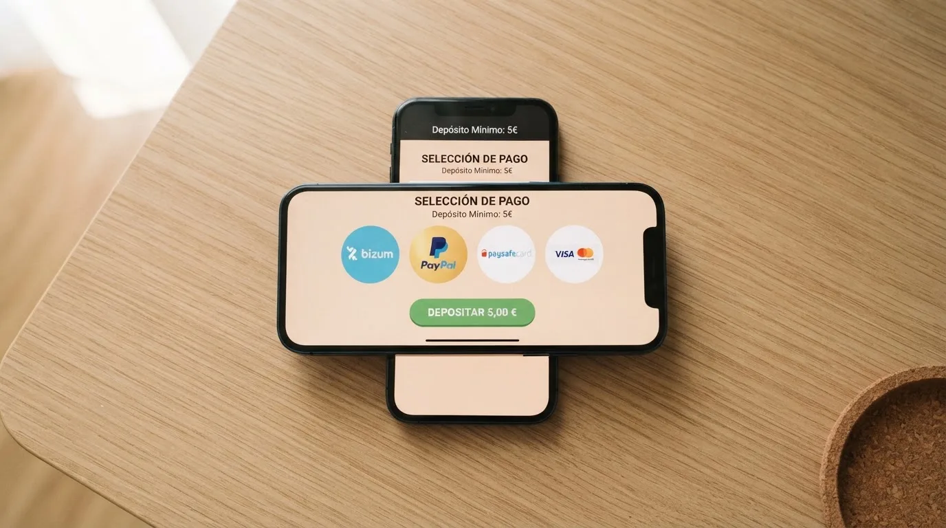 Un teléfono muestra los iconos de Bizum, PayPal, Paysafecard y una tarjeta bancaria alineados como opciones de pago en la pantalla de cajero de un casino online.