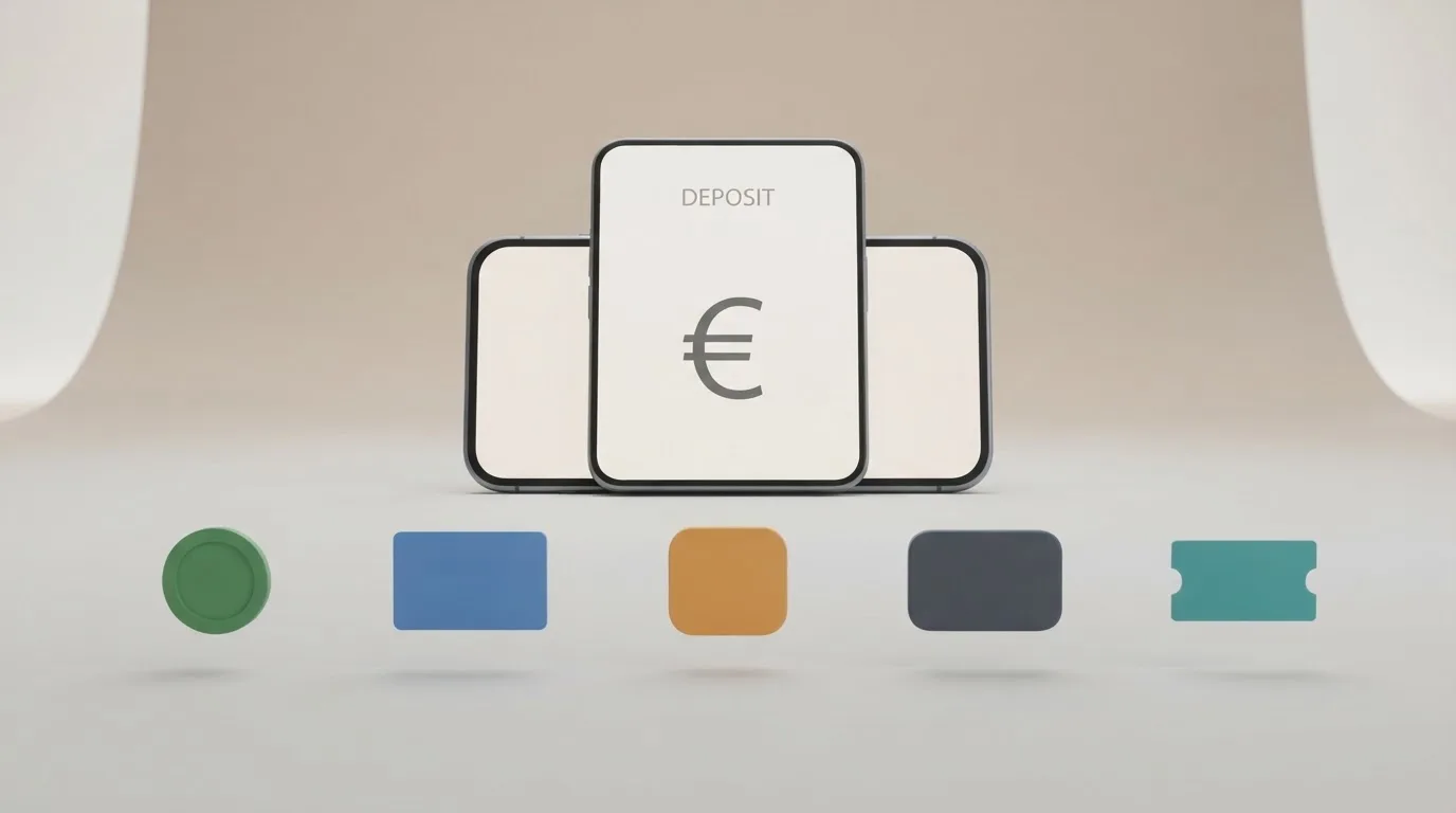 Los iconos de Bizum, Visa, PayPal, Skrill y Paysafecard alineados junto a un teléfono móvil mostrando la pantalla de ingreso de un casino