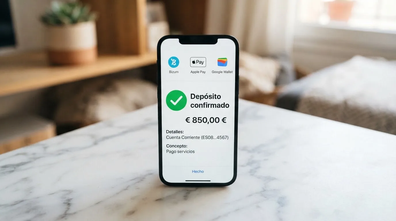 Pantalla de móvil con los iconos de Bizum, Apple Pay y Google Pay junto al texto «depósito confirmado» en la web de un casino con dominio .es