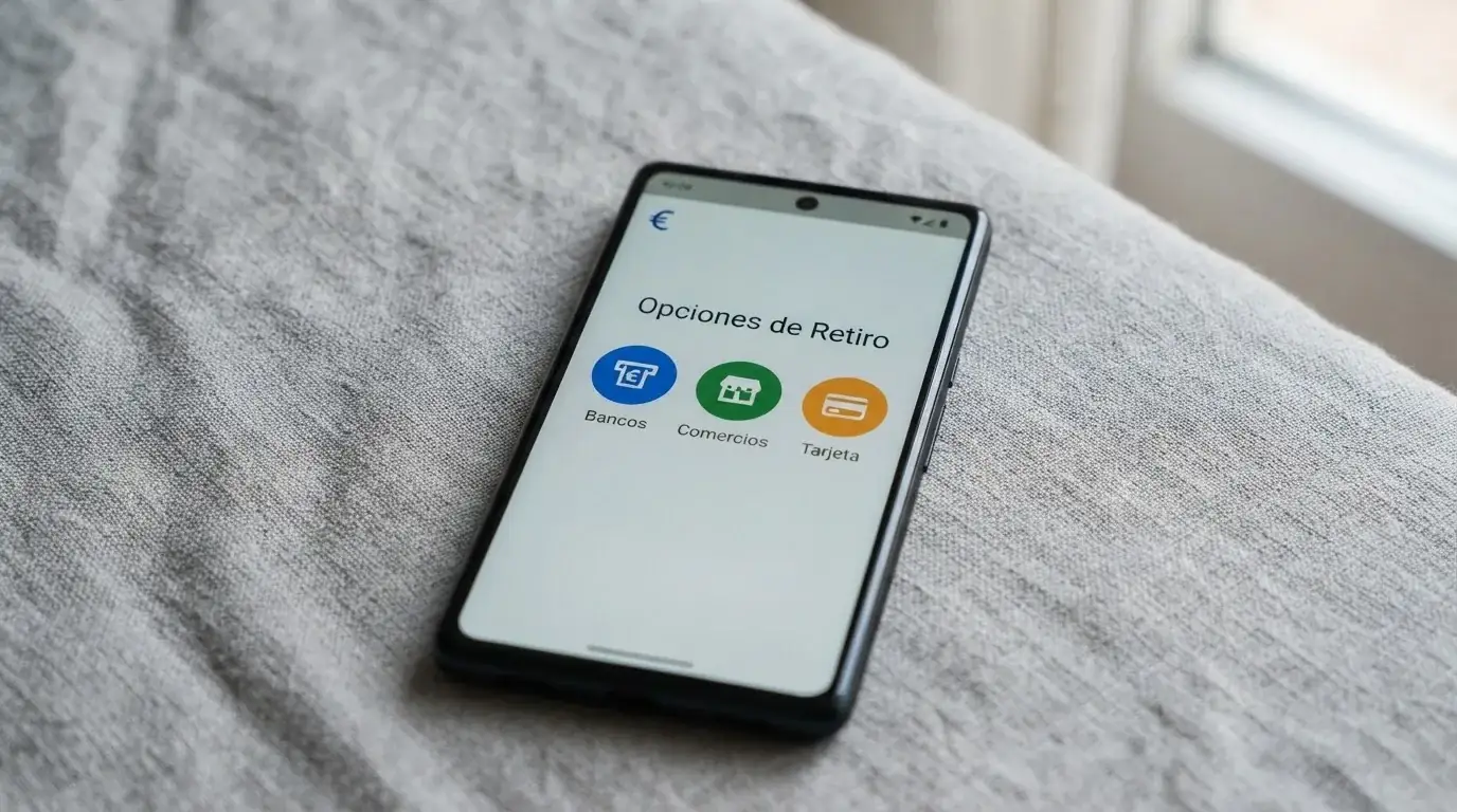 Pantalla de un teléfono mostrando los iconos de PayPal, Skrill y Neteller como opciones de retirada en un casino español