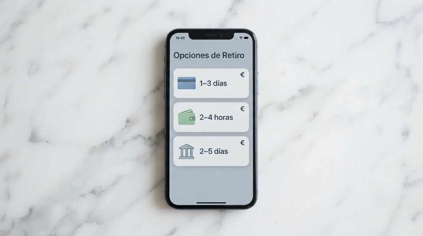 Pantalla con los métodos de retirada disponibles en un casino online español: PayPal, transferencia bancaria y tarjeta