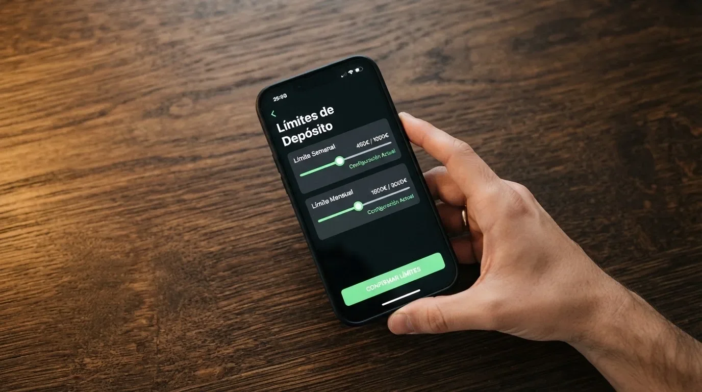 Un teléfono móvil con la pantalla de configuración de límites de depósito de un operador con licencia, mostrando los controles de auto-limitación semanal y mensual