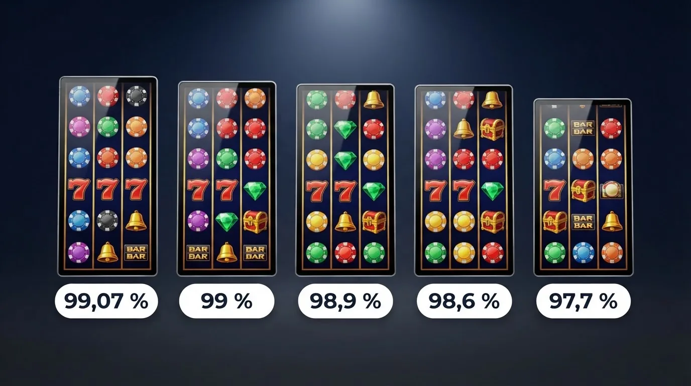 Comparativa visual de varias tragaperras populares con su porcentaje de RTP sobreimpreso