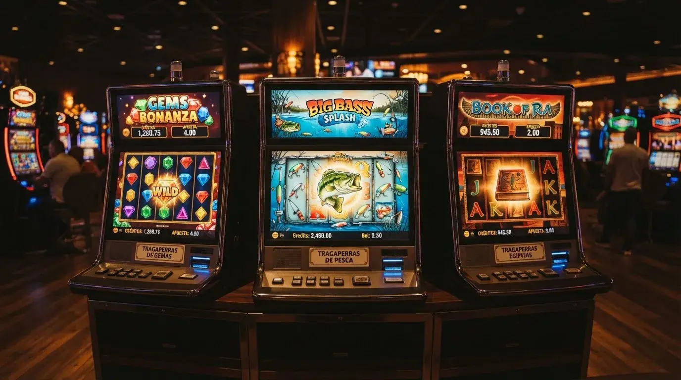 Tres tragaperras online populares en casinos españoles con sus fichas de juego mostrando volatilidad y funciones especiales.