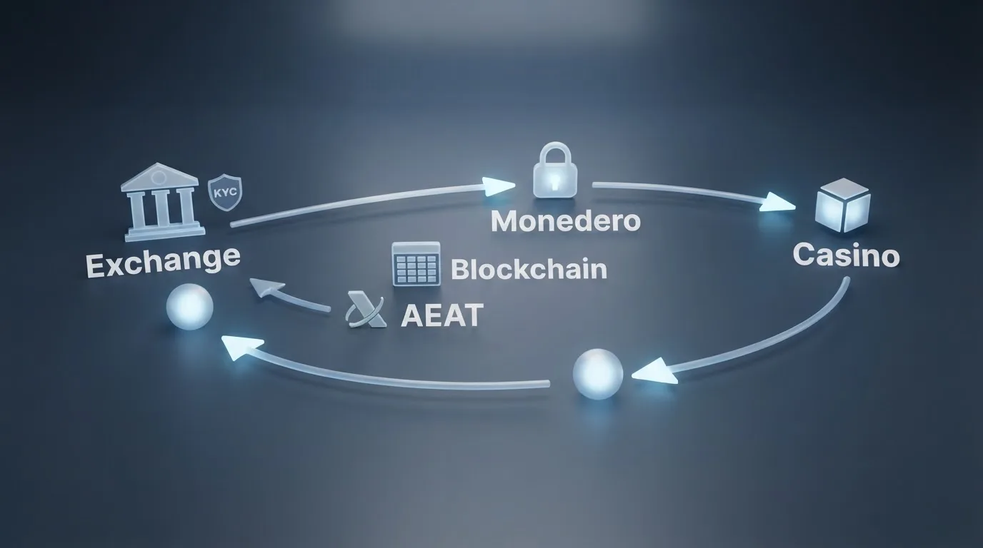 Esquema del flujo de criptomonedas desde el exchange regulado hasta el casino offshore y vuelta, con los puntos donde la trazabilidad conecta con la identidad del jugador