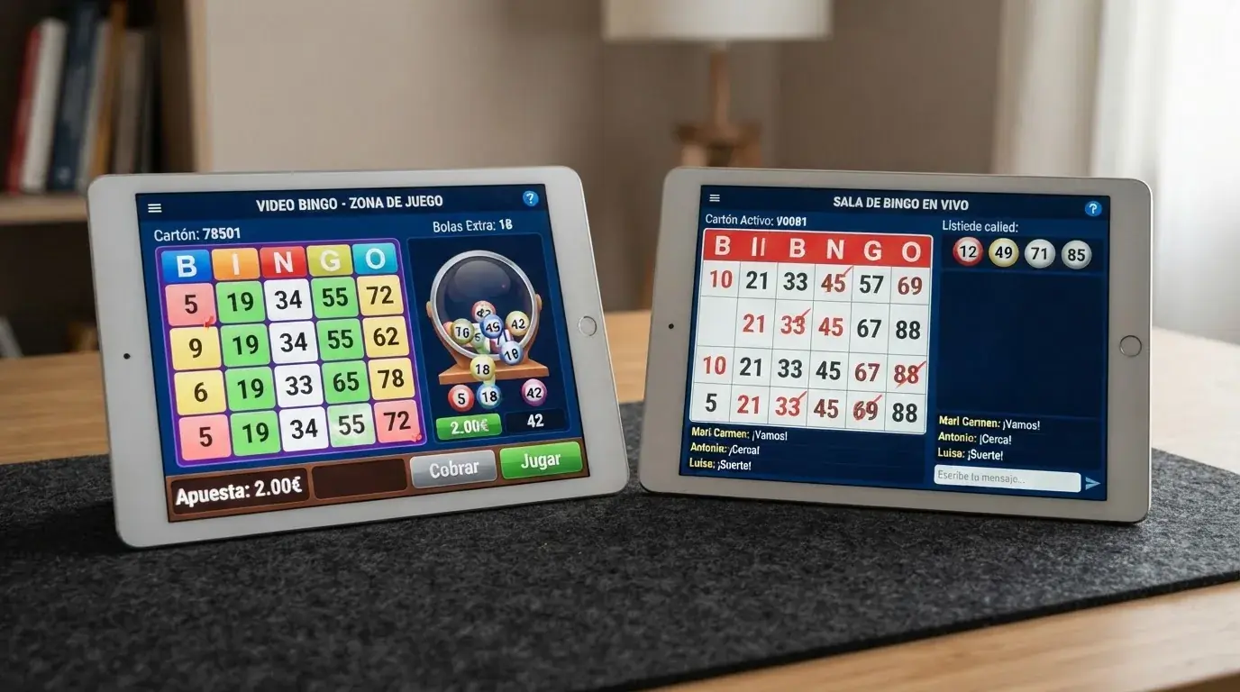 Dos pantallas contrapuestas: a la izquierda una interfaz de video bingo con cartones automáticos tipo tragaperras, a la derecha una sala de bingo cantado con chat de jugadores y el bombo en emisión