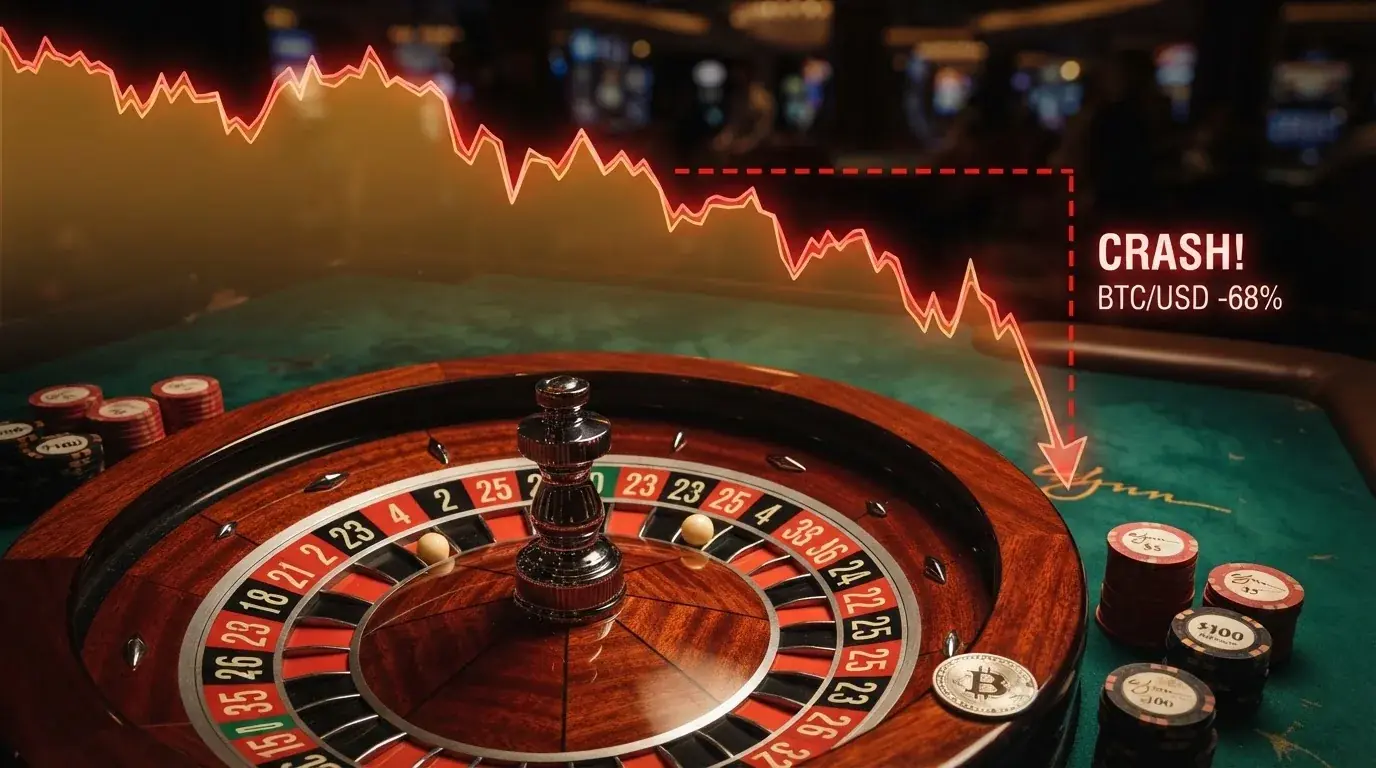 Gráfico de línea del precio del bitcoin con una caída pronunciada superpuesta sobre fichas de casino y una ruleta